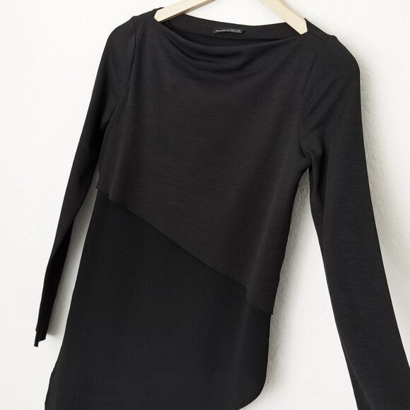 ZARA Long Sleeve Asymmetric Tiered Layered Top Tunic Blouse S Black Minimalist - Picture 9 of 12